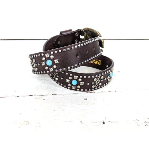 Brown silver studded faux leather western buckle belt - Picture 3 of 7